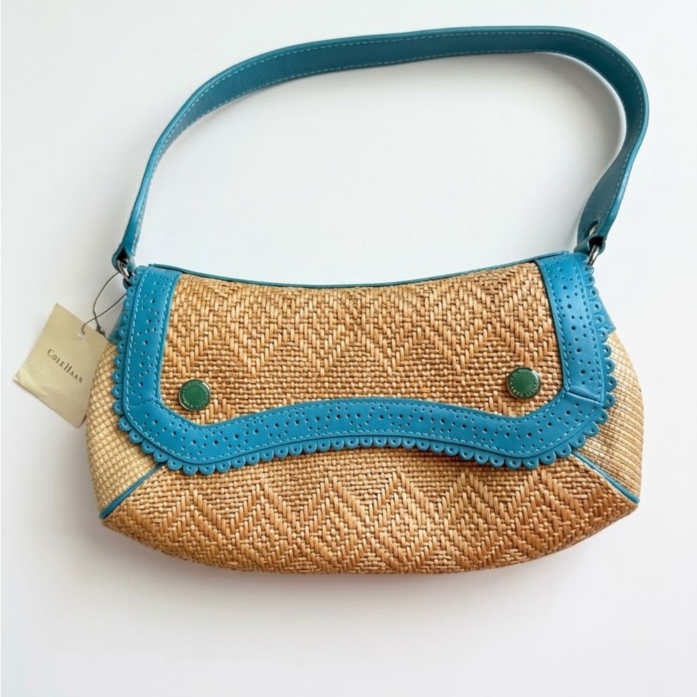 NWT Cole Haan Megan Straw Shoulder Bag - Teal Leather Trim